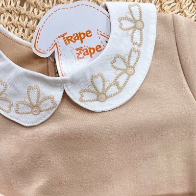 Conj. Casaco com Gola de Flores e Calça Legging - Areia